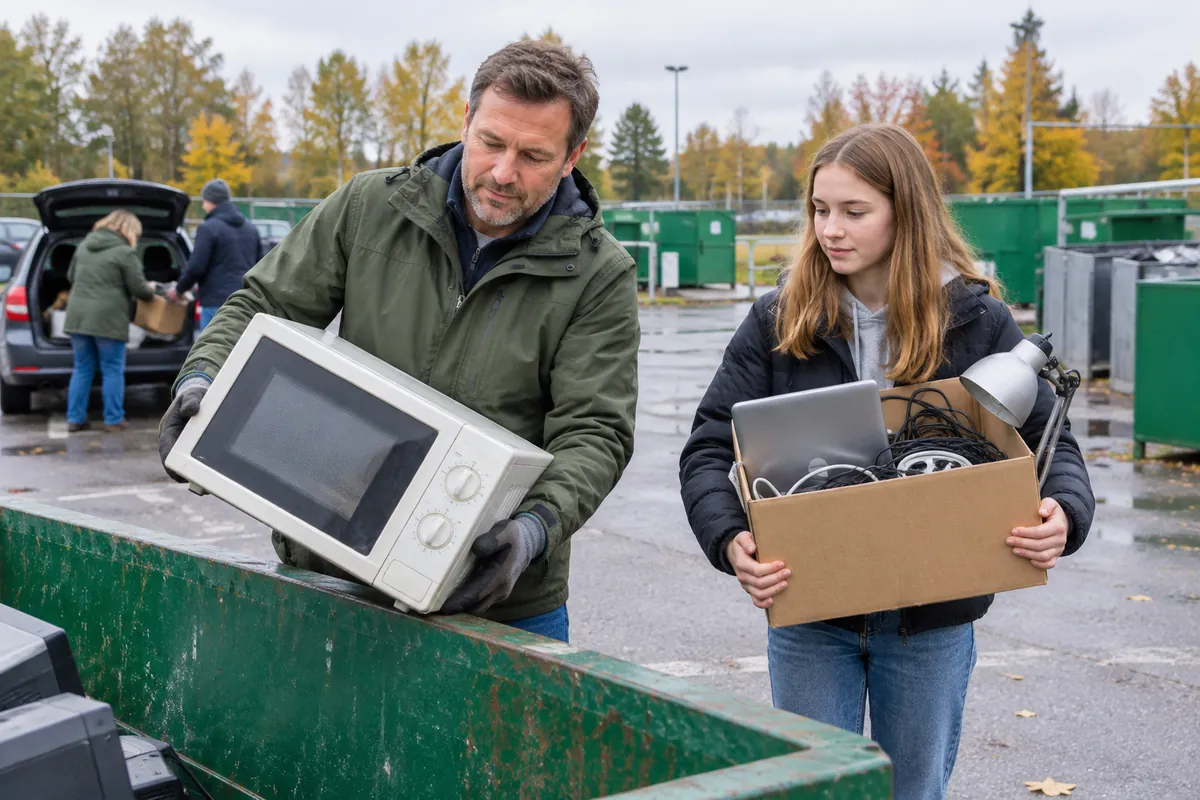 Pappa och tonårsdotter lämnar en gammal mikrovågsugn och en låda med sladdar och en dator på en återvinningscentral