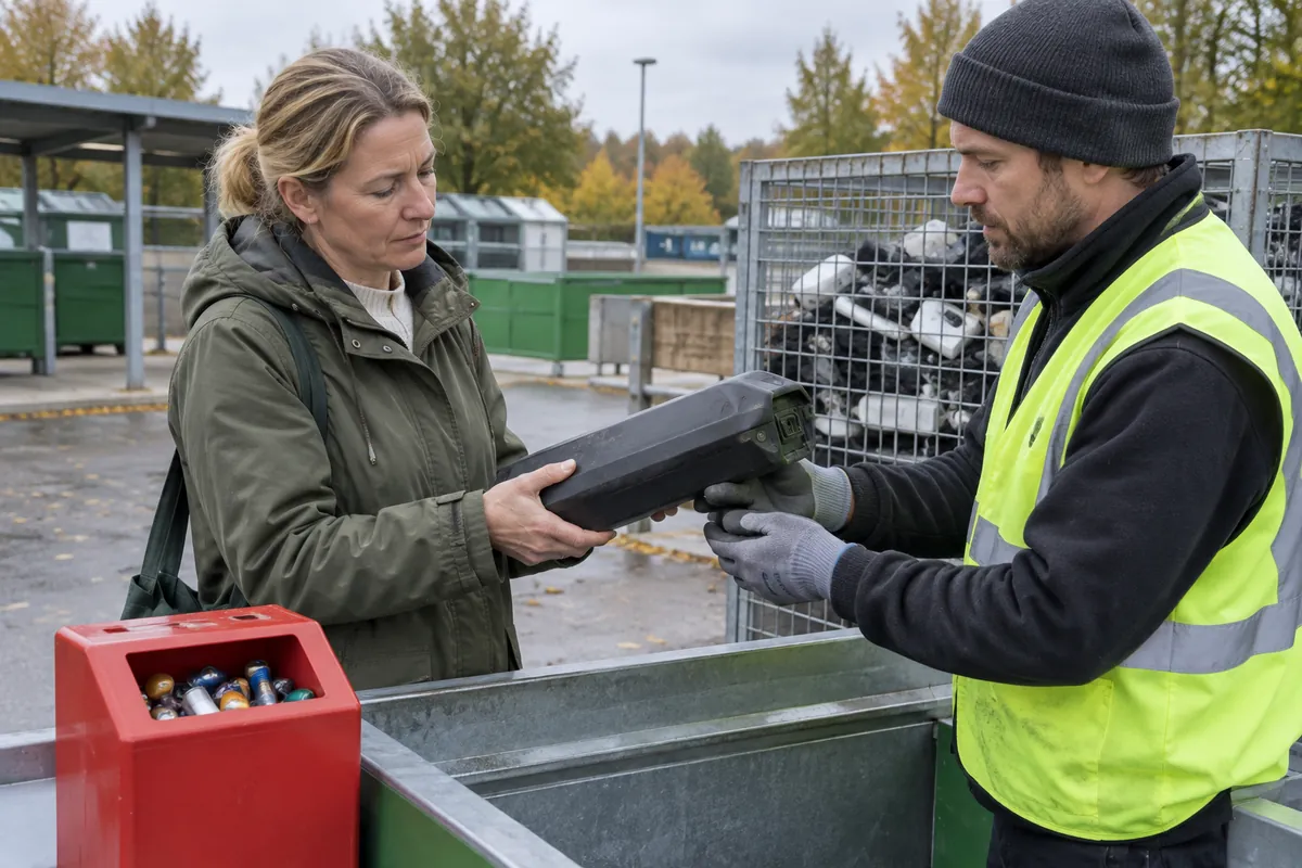 Kvinna lämnar ett uttjänt elcykelbatteri till personalen på en återvinningscentral