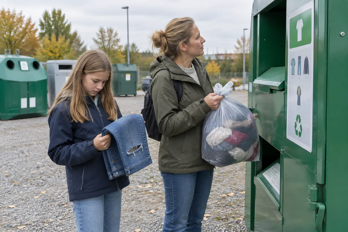Mamma och dotter lämnar en påse med slitna kläder i textilinsamlingen på återvinningscentralen