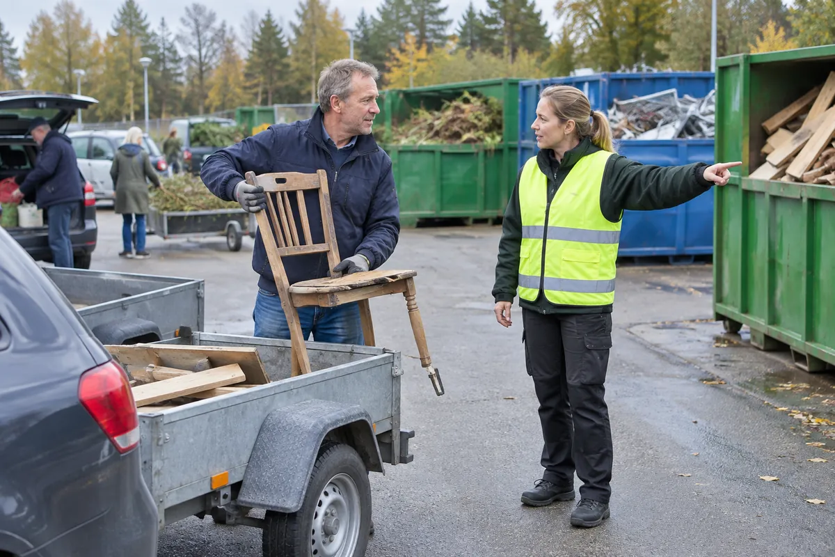 Man lastar av en trasig stol från en släpkärra på en återvinningscentral medan personalen visar rätt container