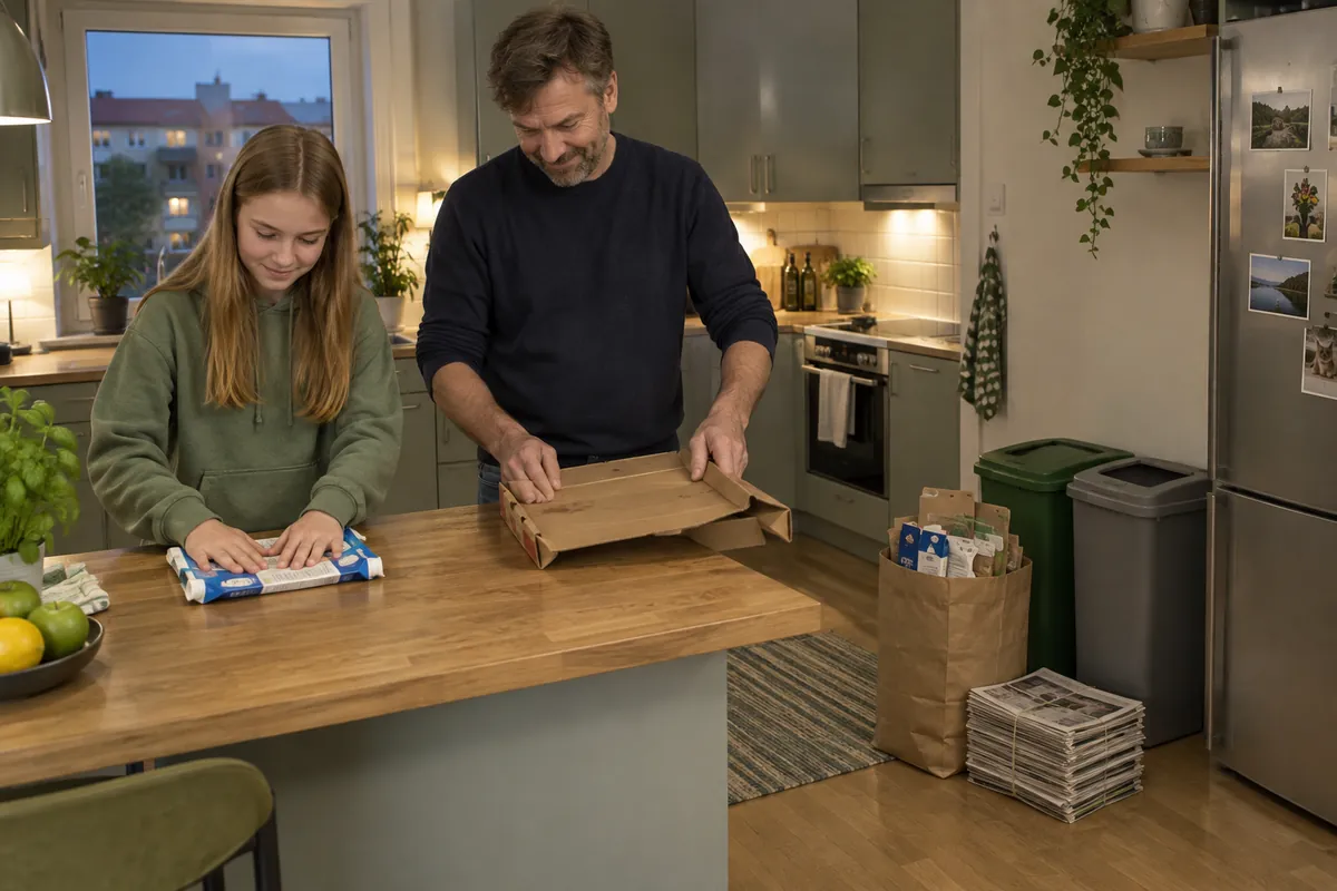 Pappa och tonårsdotter plattar till mjölkpaket och viker en pizzakartong i köket inför sorteringen
