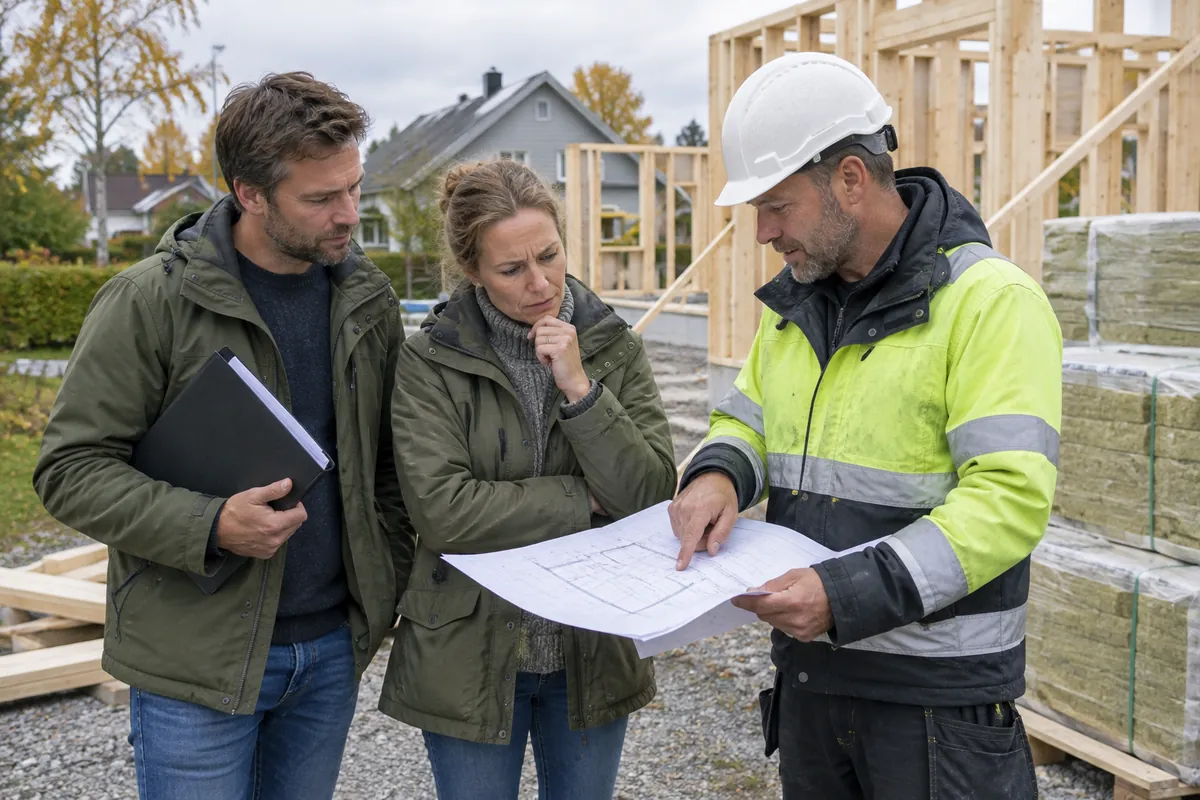 Par går igenom bygghandlingar med en arbetsledare på bygget av sitt nya trähus