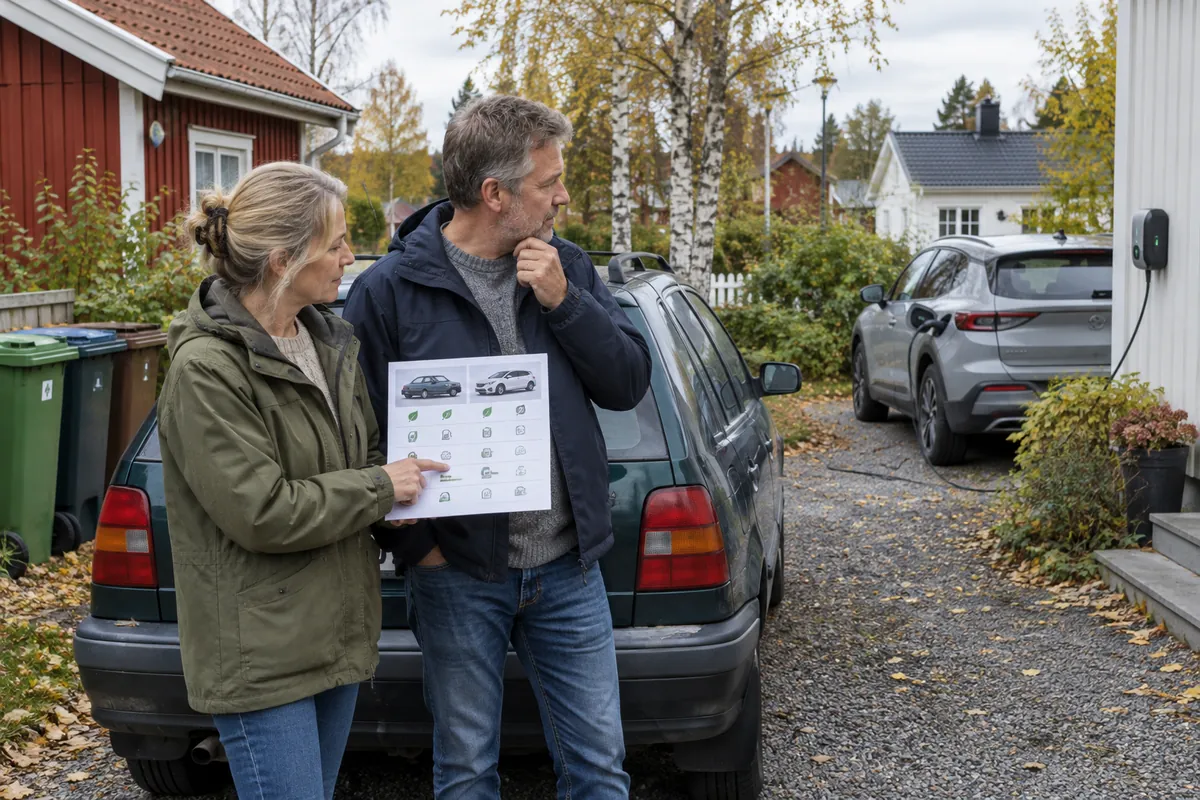 Par står vid sin äldre bensinbil på uppfarten och jämför den med grannens elbil som laddar
