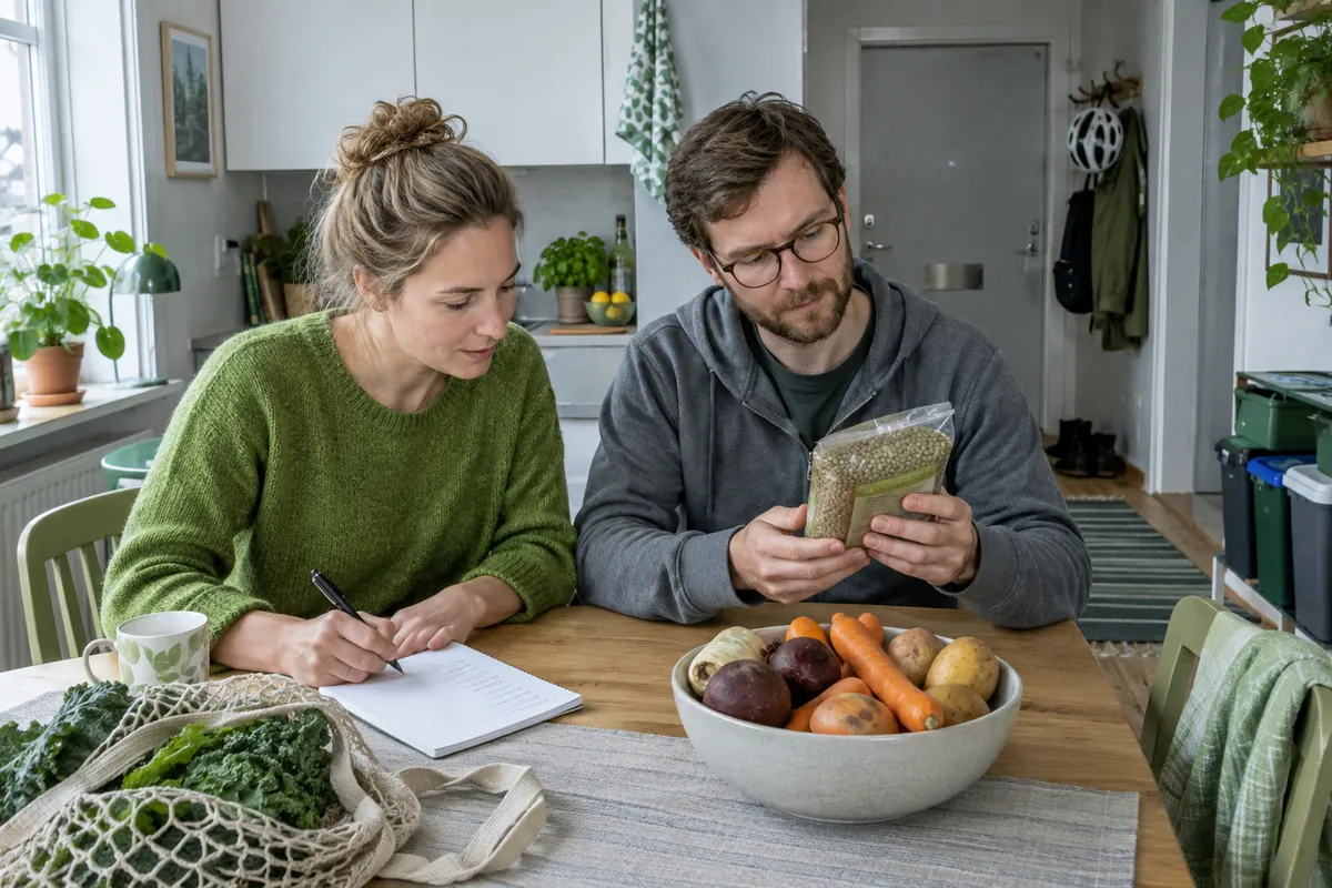 Par planerar veckans middagar vid köksbordet med rotfrukter, linser och inköpslista