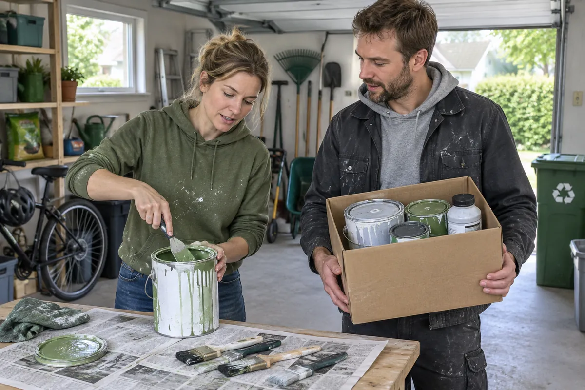 Par sorterar färgburkar och penslar i garaget efter målning